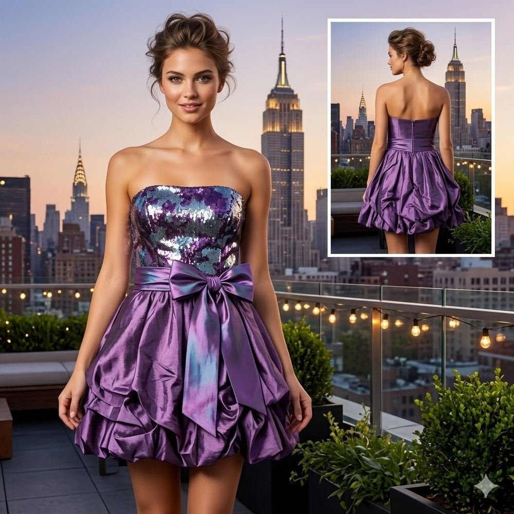 Jessica McClintock Gunne Sax Purple Sequin Bubble Dress 9 Strapless Y2K 33446-61